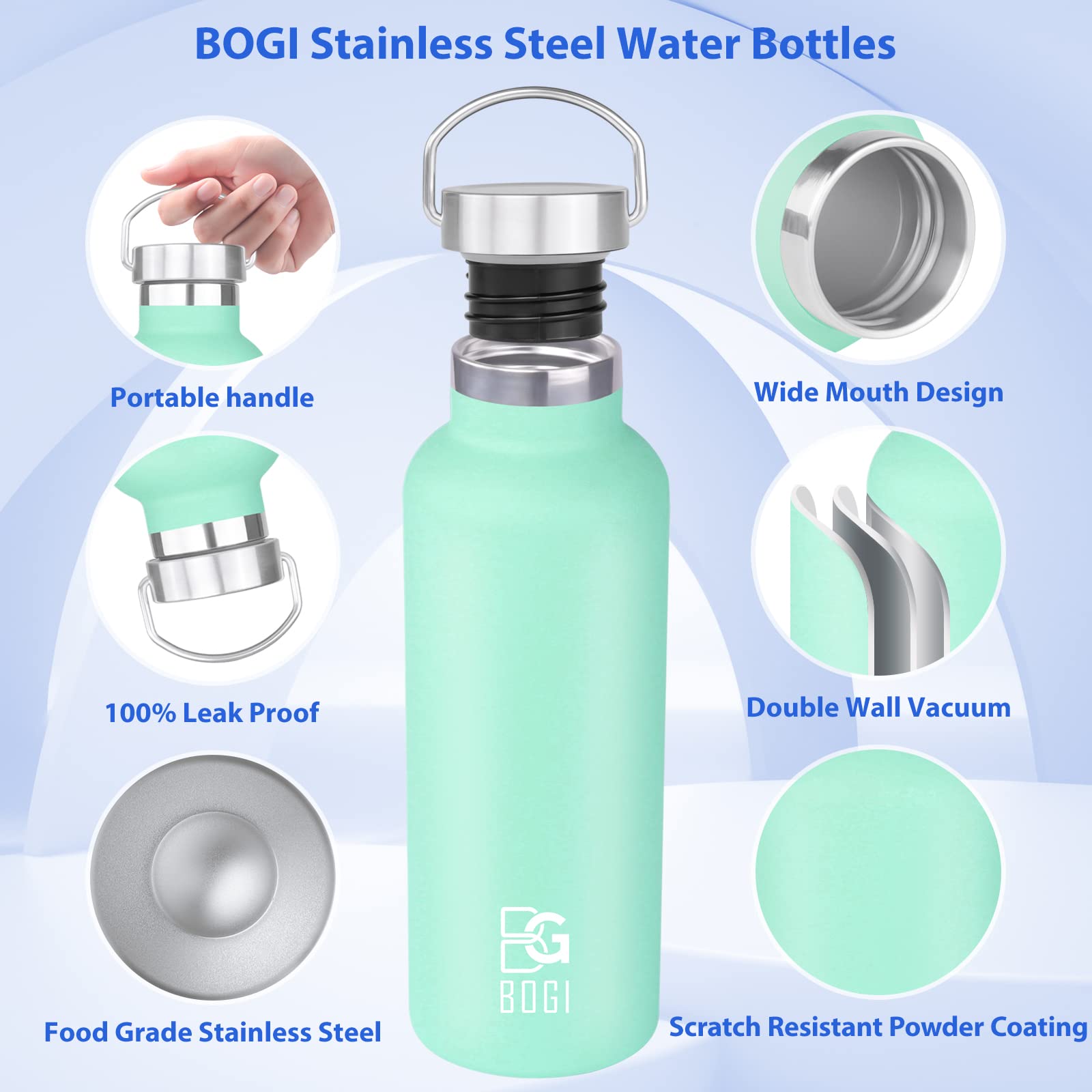 BOGI Stainless Steel Water Bottle  2 Pack 20oz Vacuum Insulated Water Bottle with Straw Lid  BPA Free Leakproof Wide Mouth Water Bottle-Keep Liquids Hot or Cold for Outdoor Sports Camping (Black&Mint)